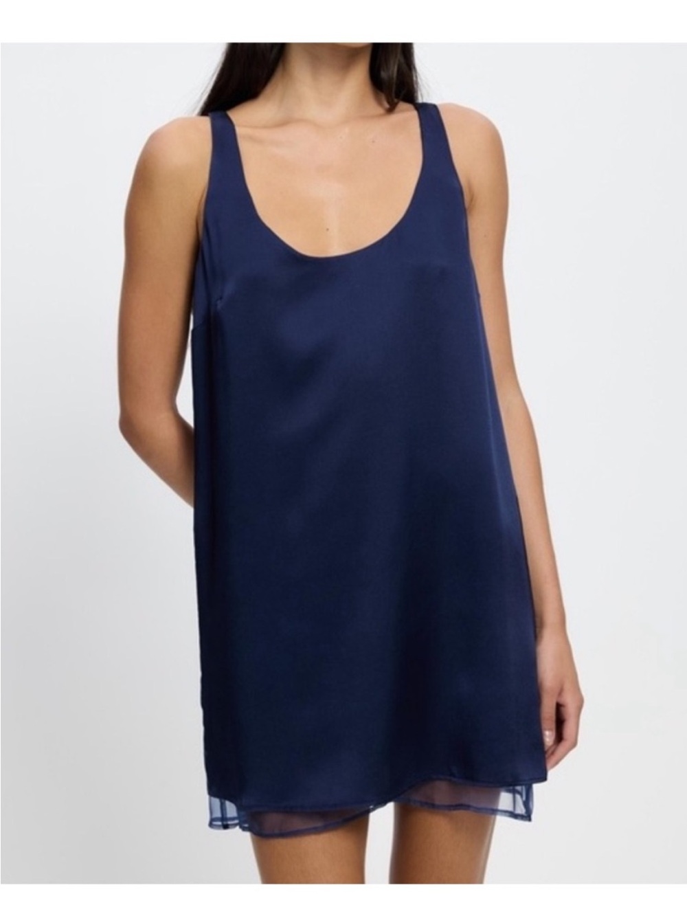 Reformation Idra silk shift scoop neck mini dress with mesh underlayer navy
